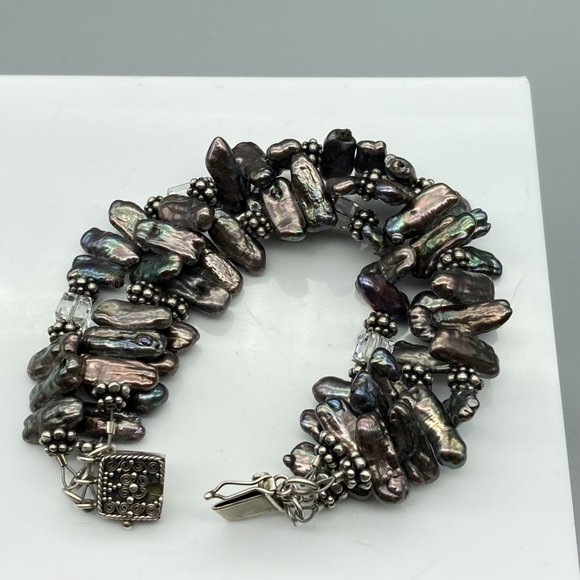 Vintage Triple Strand Biwa Pearl and Cut Crystal Bracelet with Sterling Silver - Picture 4 of 7